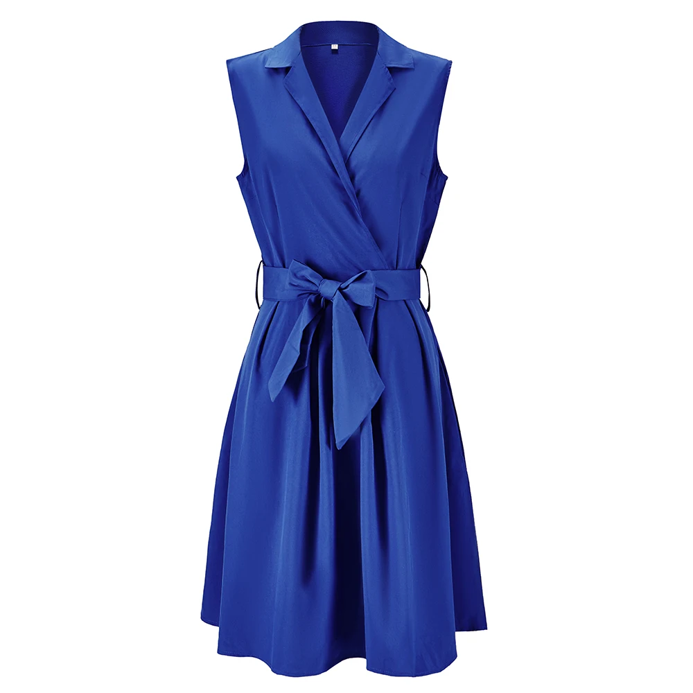 Women Dresses Sleeveless Notched Solid Navy Blue With Bow Sashes Summer A-line Beach Office Dress 2025 burgundy Party Vestidos - Image 3