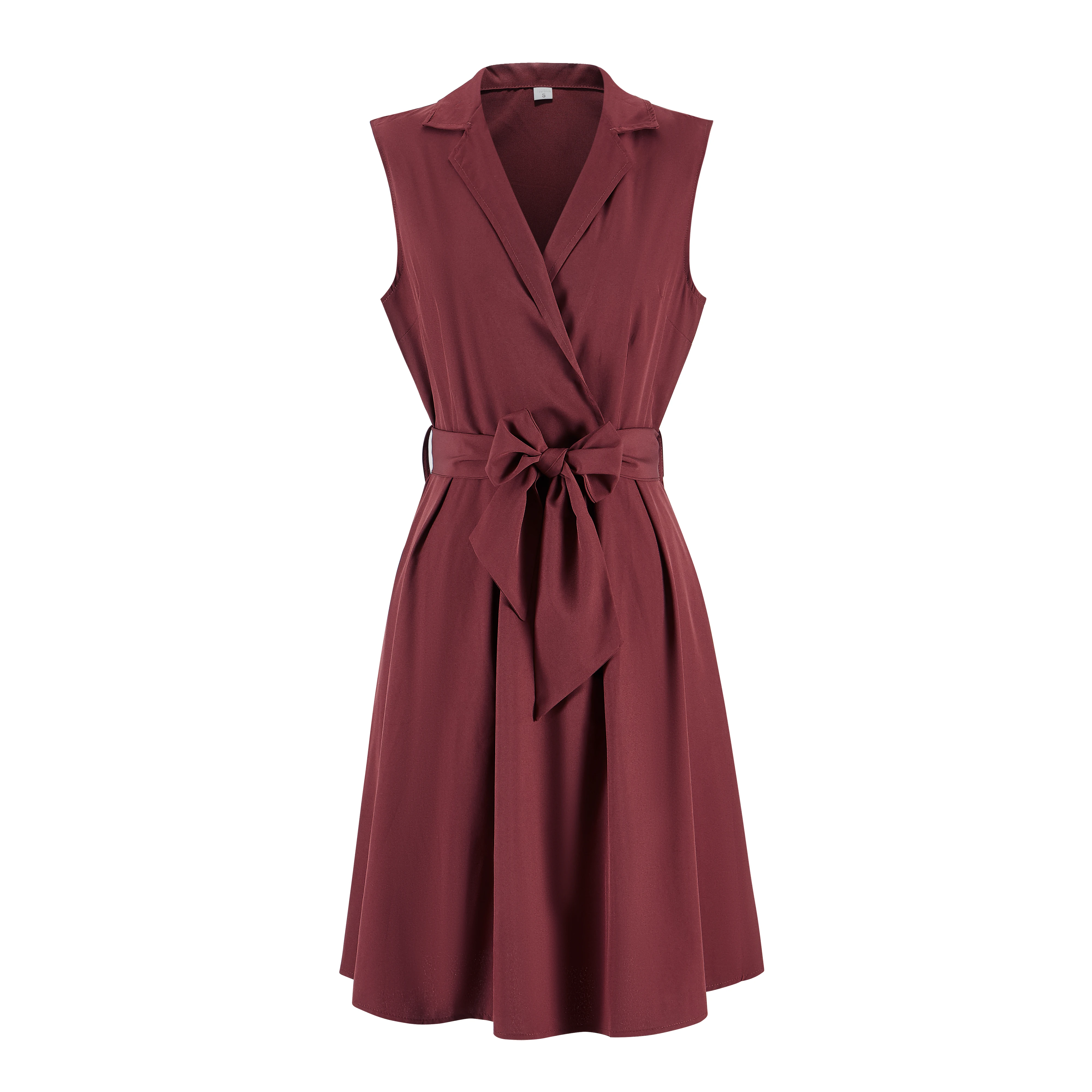 Women Dresses Sleeveless Notched Solid Navy Blue With Bow Sashes Summer A-line Beach Office Dress 2025 burgundy Party Vestidos - Image 2