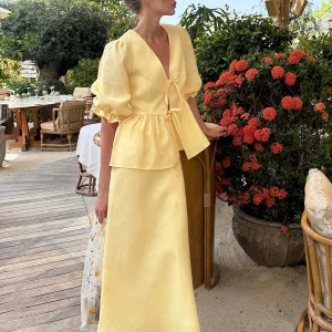 Bornladies 2025 Summer Women's 100% Cotton V-Neck Lace-Up Bubble Sleeve Shirt Long Skirt Set Loose Casual Two-Piece Suit