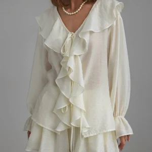 Bornladies Spring New Women's French V-neck Loose Ruffled Shirt Shorts Set Fashion Casual Long Sleeve Loose Shorts Two Piece Set