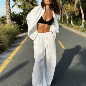 Bornladies Cotton Casual Pants Sets Women's Solid Color Cozy Lapel Long Sleeve Shirt Summer Outfit Elastic Waist Pants Suits